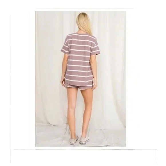 Mocha Short Sleeve Striped Top and Short Set  Sizes M-L-XL - Picture 3 of 7